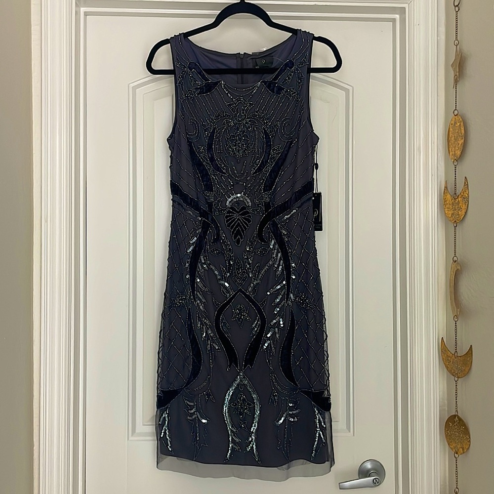 NEW Adrianna Papell Gunmetal Gray Beaded Cocktail Dress with Velvet Appliqué
